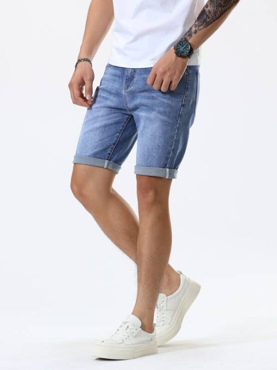 Men Washed Slant Pocket Denim Shorts - Image 3