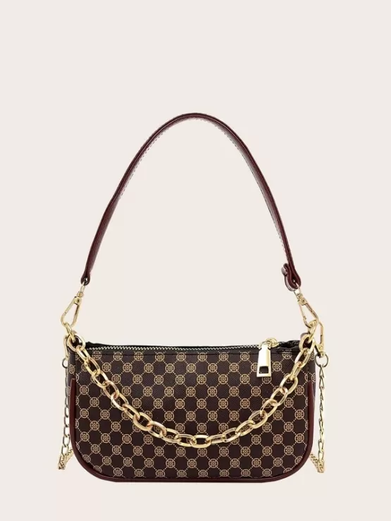 Geometric Pattern Chain Baguette Bag - Image 3