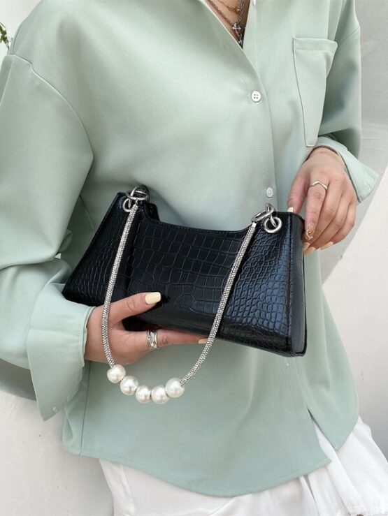 Beaded Decor Croc Embossed Baguette Bag - Image 2