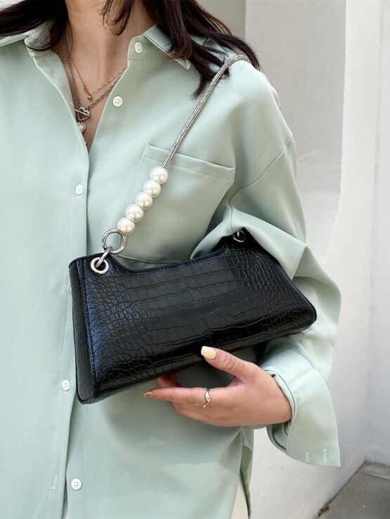 Beaded Decor Croc Embossed Baguette Bag