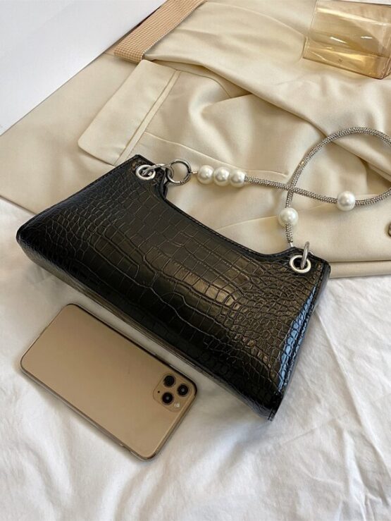 Beaded Decor Croc Embossed Baguette Bag - Image 3