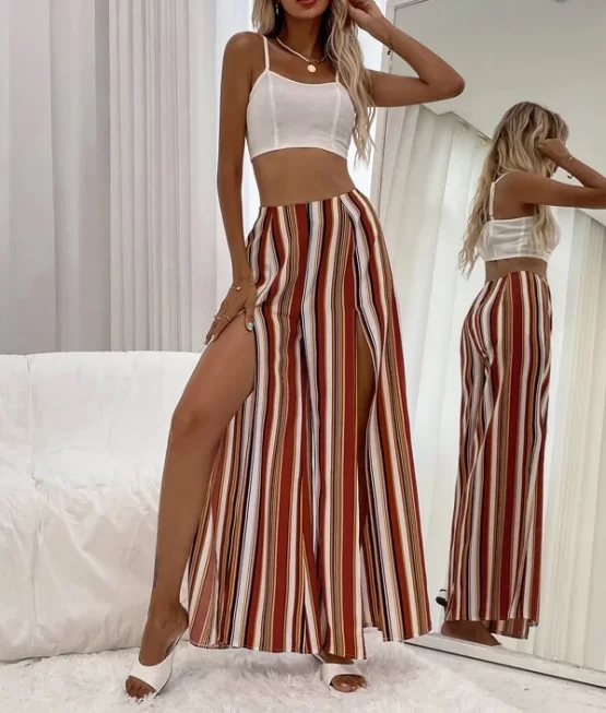 Shirred Crop Cami Top With Striped Split Wide Leg Pants