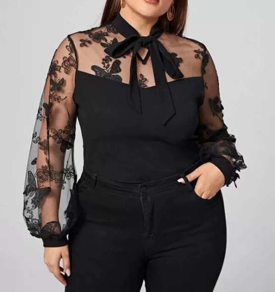 Plus Tie Neck Butterfly Embroidered Mesh Yoke & Sleeve Top - Image 4