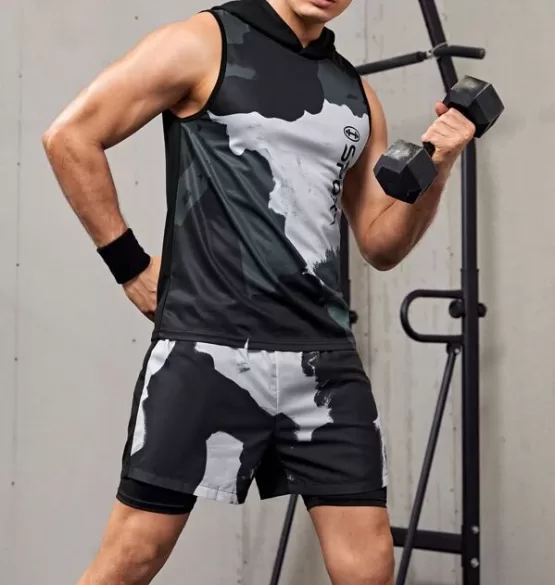 Men Letter Graphic Hooded Sports Tank Top With Shorts - Image 3