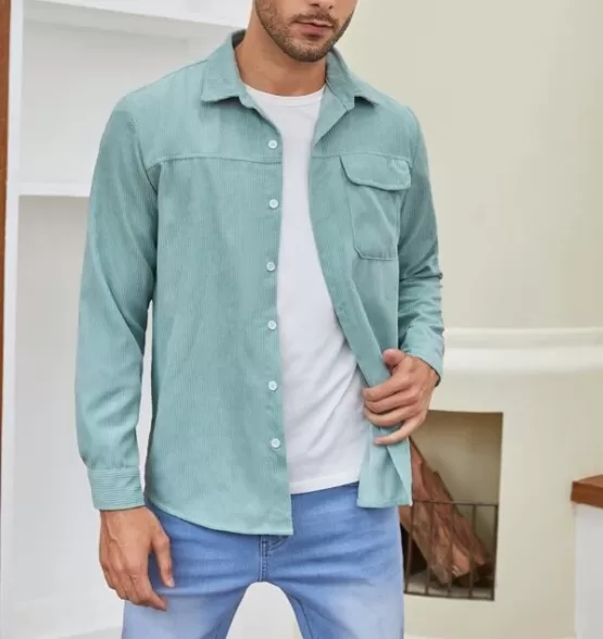 Men Solid Button Up Corduroy Shirt