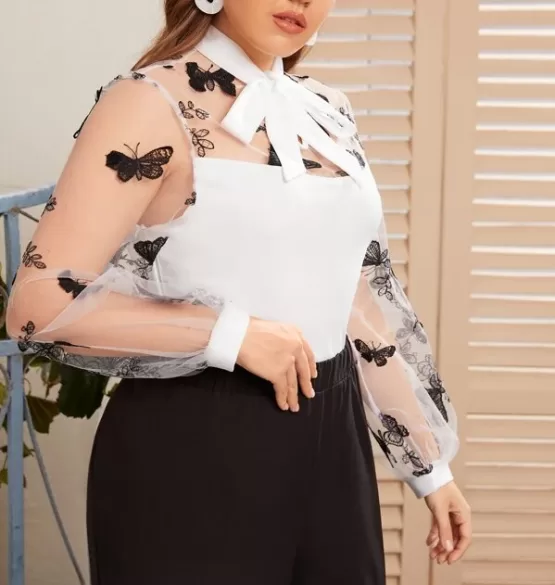 Plus Tie Neck Butterfly Embroidered Mesh Yoke & Sleeve Top - Image 3