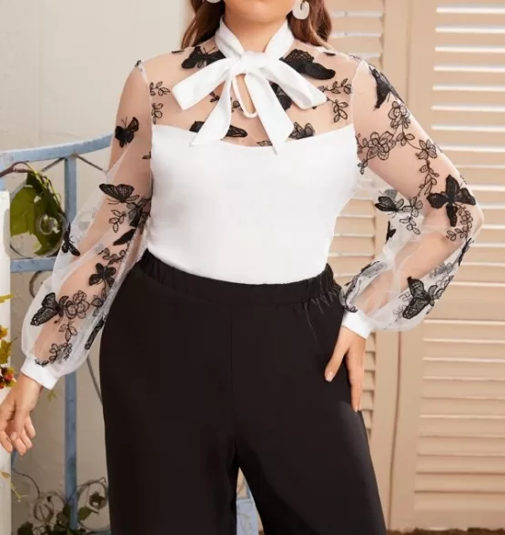 Plus Tie Neck Butterfly Embroidered Mesh Yoke & Sleeve Top