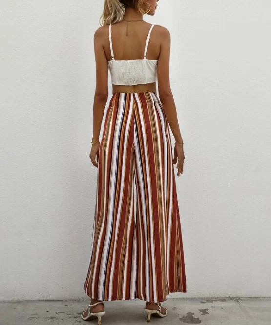 Shirred Crop Cami Top With Striped Split Wide Leg Pants - Image 2