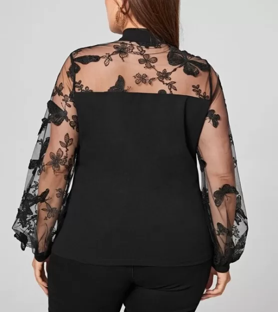 Plus Tie Neck Butterfly Embroidered Mesh Yoke & Sleeve Top - Image 5