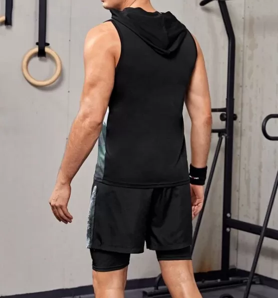 Men Letter Graphic Hooded Sports Tank Top With Shorts - Image 2