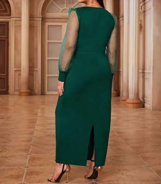 Plus Keyhole Neck Contrast Mesh Split Back Dress - Image 2
