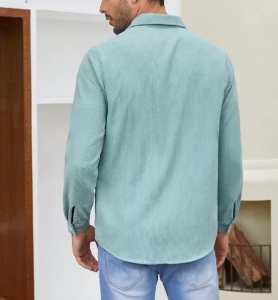 Men Solid Button Up Corduroy Shirt - Image 3