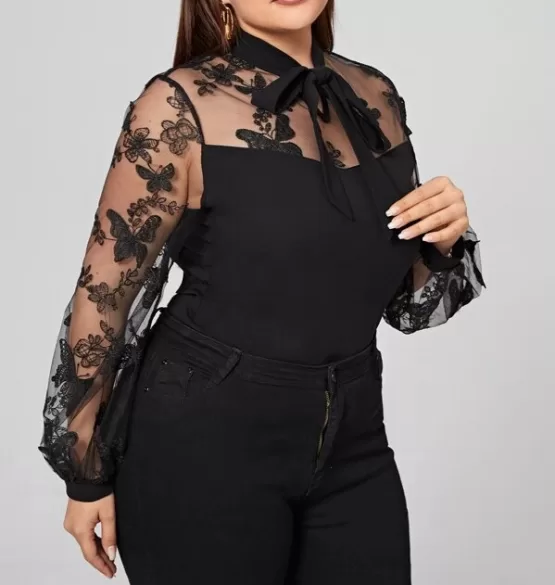 Plus Tie Neck Butterfly Embroidered Mesh Yoke & Sleeve Top - Image 6
