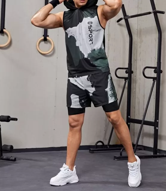 Men Letter Graphic Hooded Sports Tank Top With Shorts