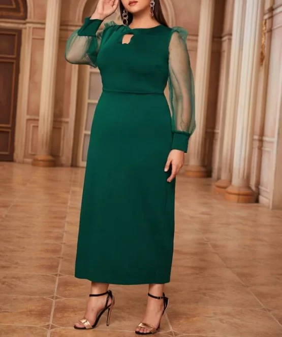 Plus Keyhole Neck Contrast Mesh Split Back Dress - Image 3