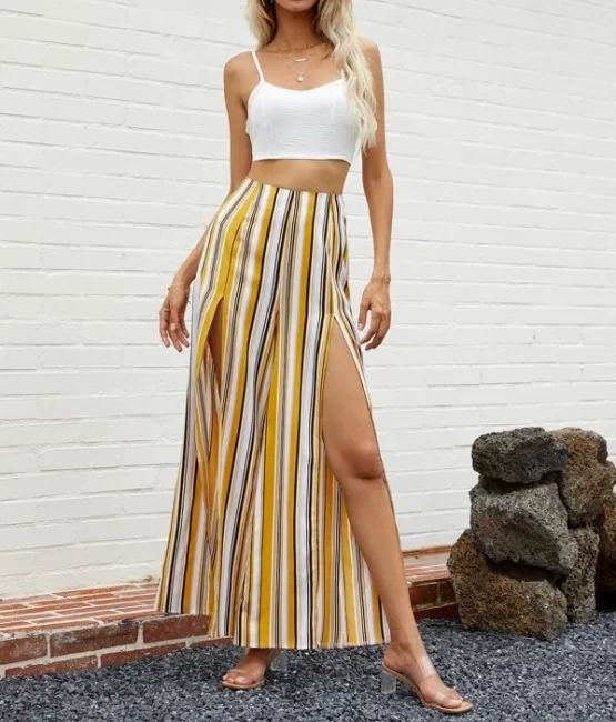 Shirred Crop Cami Top With Striped Split Wide Leg Pants - Image 4