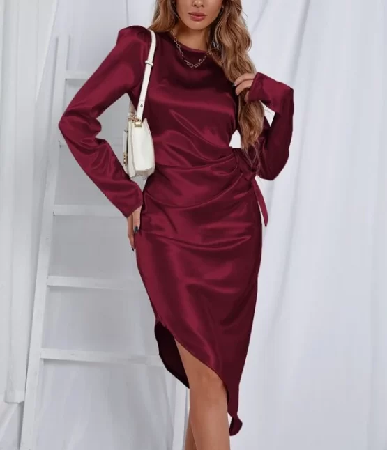 Puff Sleeve Knot Side Asymmetrical Hem Dress - Image 9