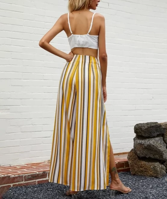 Shirred Crop Cami Top With Striped Split Wide Leg Pants - Image 5