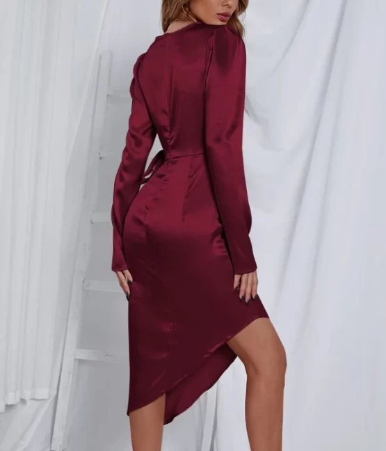 Puff Sleeve Knot Side Asymmetrical Hem Dress - Image 8