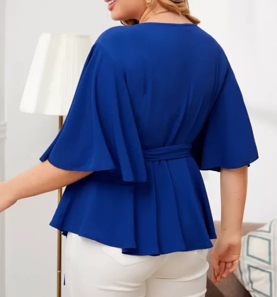 Plus Flutter Sleeve Wrap Belted Peplum Top - Image 2