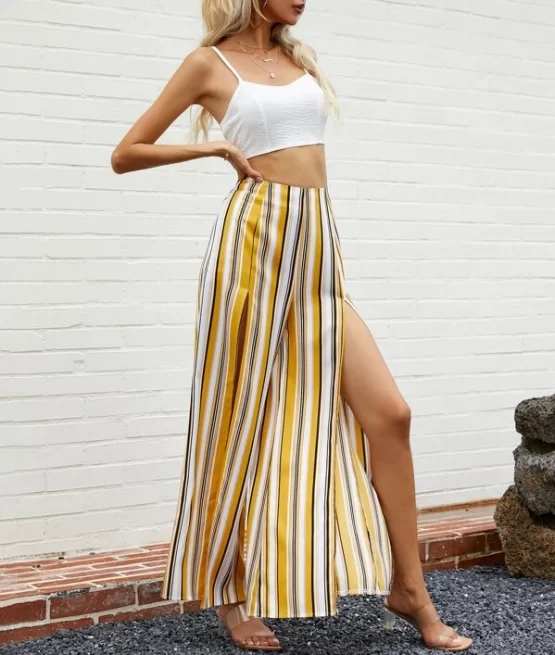 Shirred Crop Cami Top With Striped Split Wide Leg Pants - Image 6