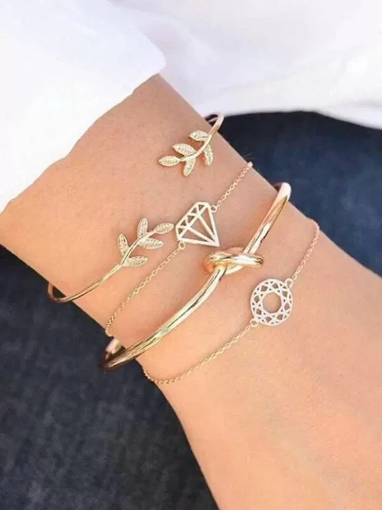 Twist & Leaf Design Bracelet Set 4pcs