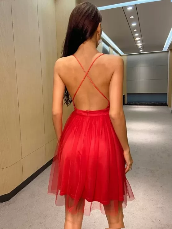 Double Crazy Crisscross Backless Sequin Bodice Mesh Dress - Image 2