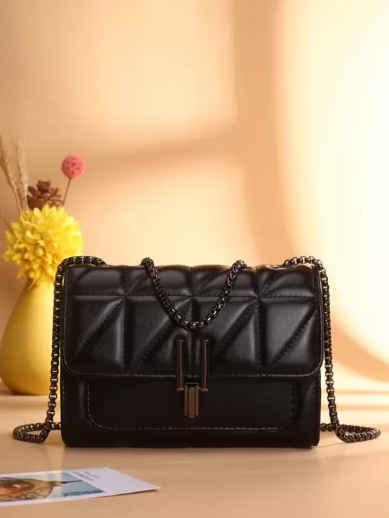Metal Lock Quilted Chain Crossbody Bag