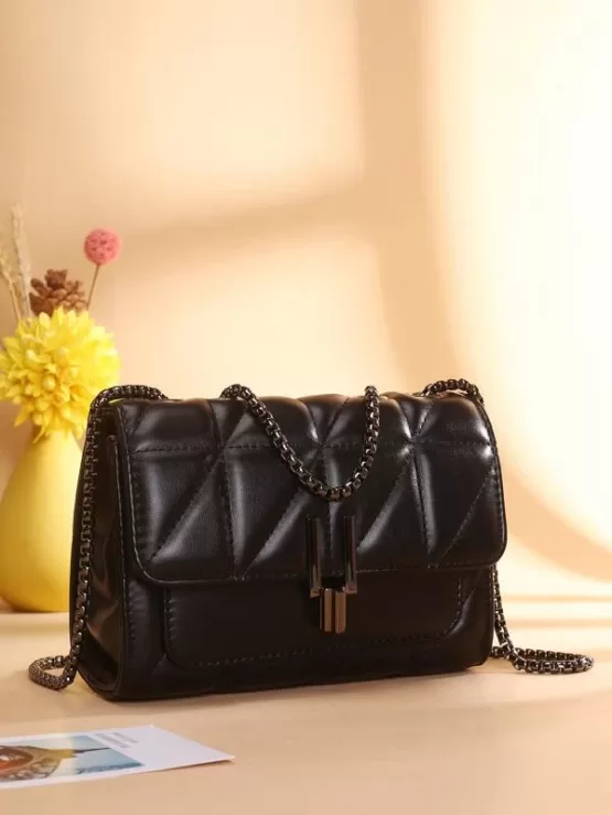 Metal Lock Quilted Chain Crossbody Bag - Image 2