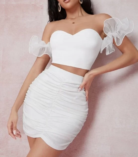 Off Shoulder Organza Sleeve Top & Ruched Skirt Set