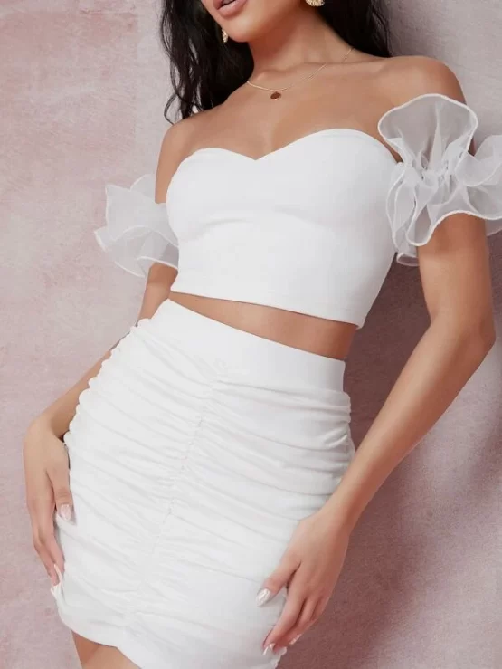 Off Shoulder Organza Sleeve Top & Ruched Skirt Set - Image 2