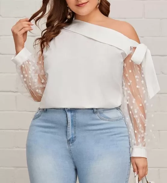 Plus Foldover Asymmetrical Neck Dobby Mesh Sleeve Top