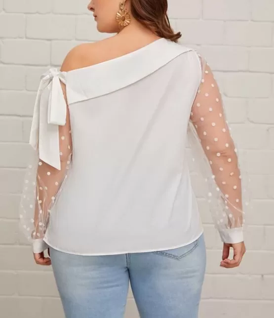 Plus Foldover Asymmetrical Neck Dobby Mesh Sleeve Top - Image 2