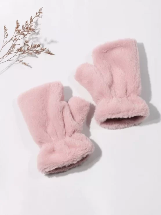 Fingerless Pink Faux Fur Gloves - Image 2