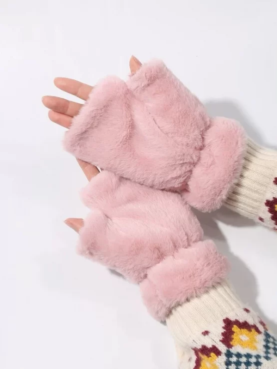 Fingerless Pink Faux Fur Gloves - Image 3