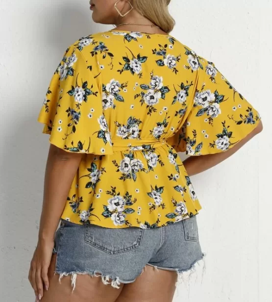 Plus Allover Floral Surplice Front Belted Peplum Blouse - Image 3