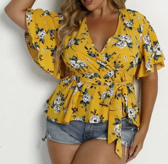 Plus Allover Floral Surplice Front Belted Peplum Blouse - Image 2