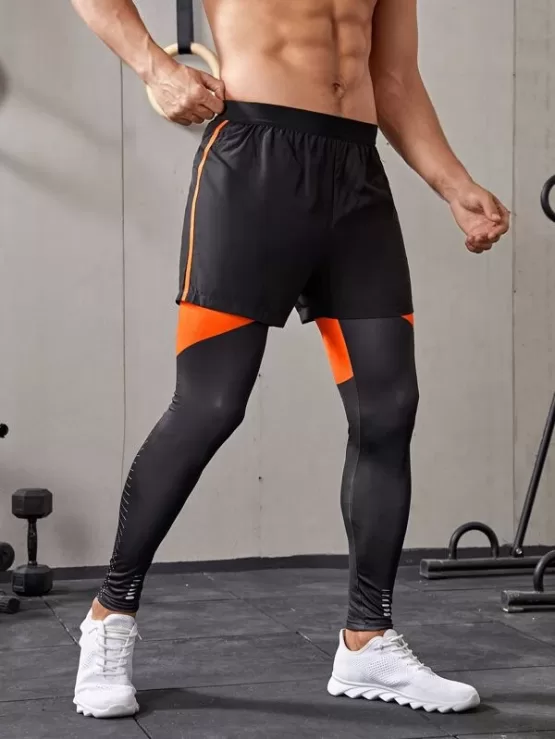 Men 2 In 1 Skinny Color Block Sport Tights - Image 3