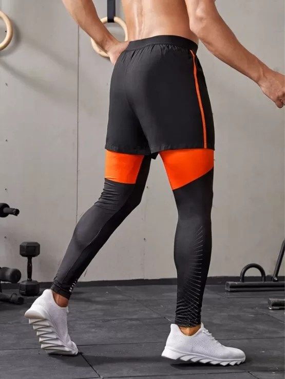 Men 2 In 1 Skinny Color Block Sport Tights - Image 2