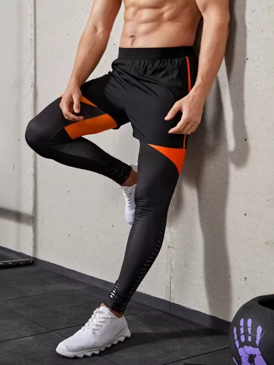 Men 2 In 1 Skinny Color Block Sport Tights
