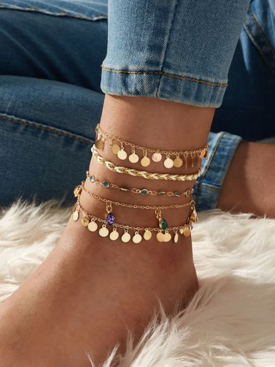 Five Pieces Disc & Rhinestone Decor Chain Anklet