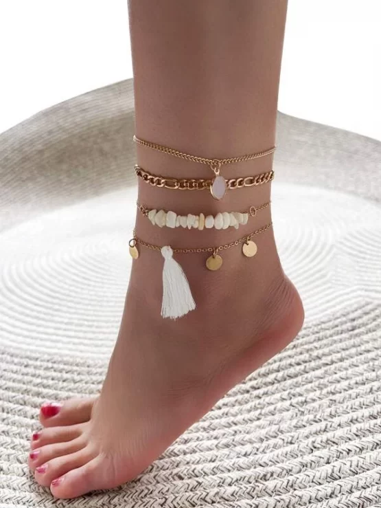 4 pieces Random Stone & Tassel Decor Anklet