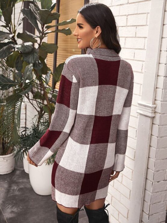 Mock Neck Gingham Sweater Dress Without Belt - Image 2