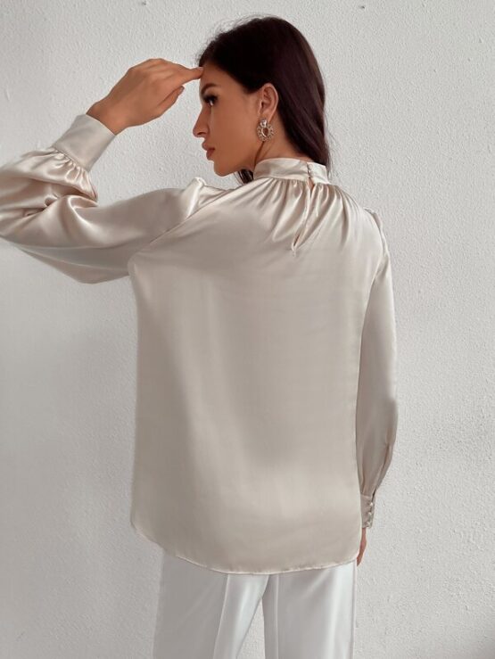 Satin Mock Neck Puff Sleeve Blouse - Image 2