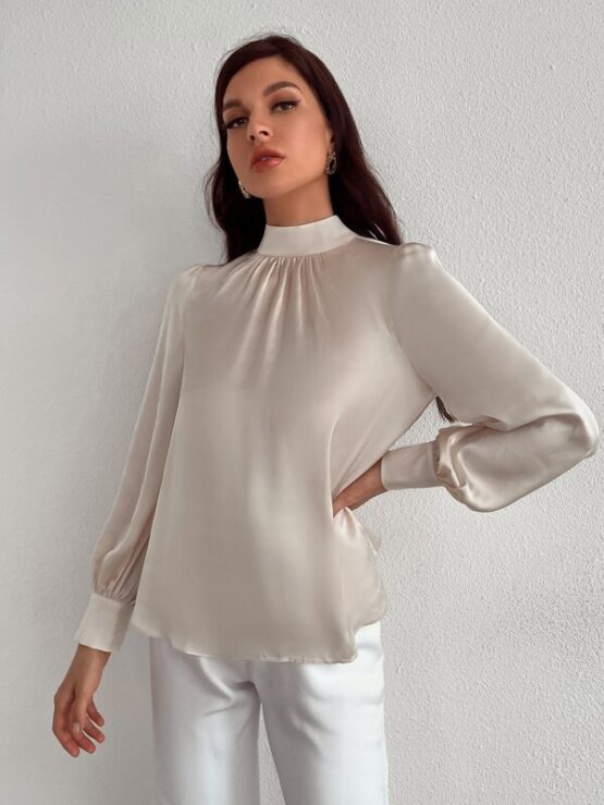 Satin Mock Neck Puff Sleeve Blouse - Image 3
