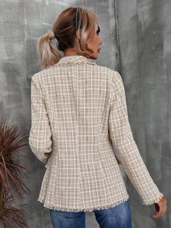 Plaid Pattern Shawl Collar Raw Trim Flap Detail Tweed Coat - Image 2