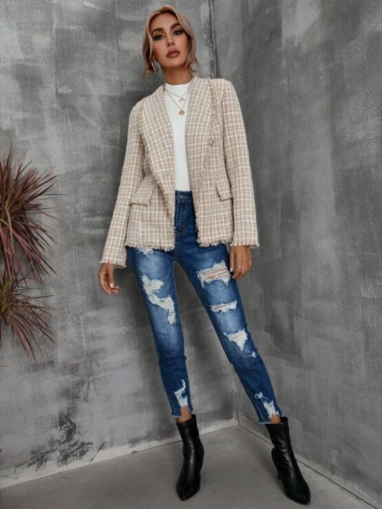 Plaid Pattern Shawl Collar Raw Trim Flap Detail Tweed Coat - Image 3