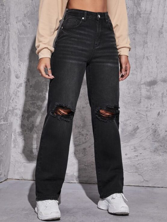 High Waist Straight Leg Ripped Jeans - Image 3