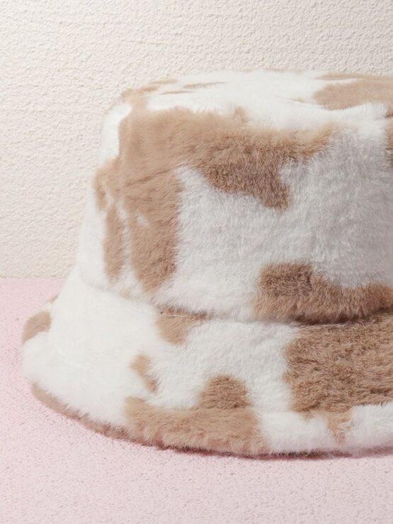 Fluffy Bucket White and Brown Hat - Image 2