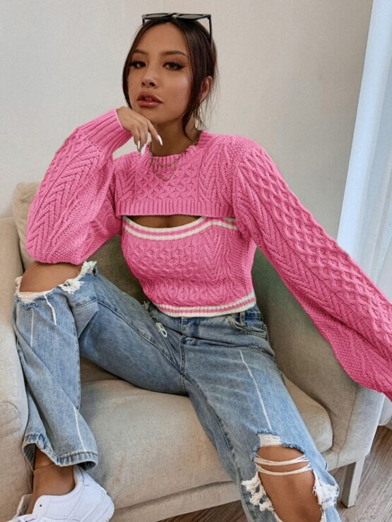 Fantastic Stripe Cable Knit 2 In 1 Sweater - Image 3